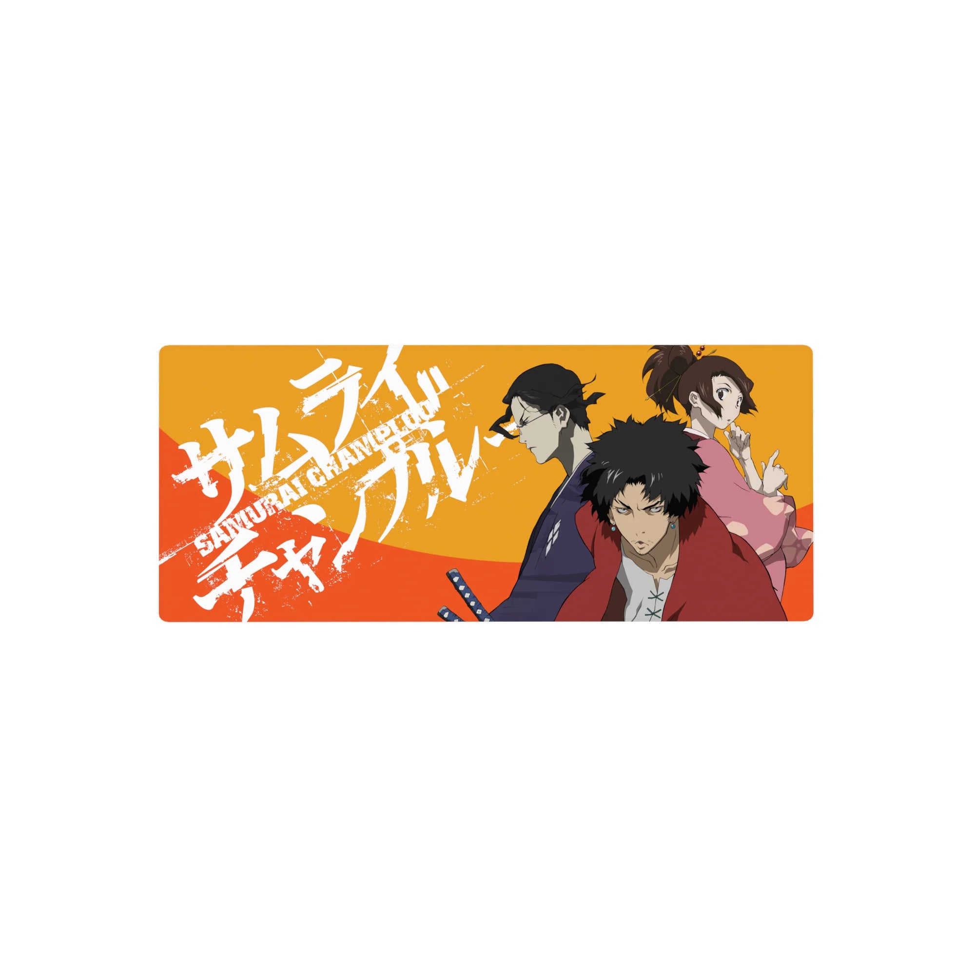 28x12 inches anime mouse pad with paint-splatter lettering and three warriors in a triangle poster layout.