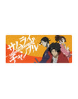 28x12 inches anime mouse pad with paint-splatter lettering and three warriors in a triangle poster layout.
