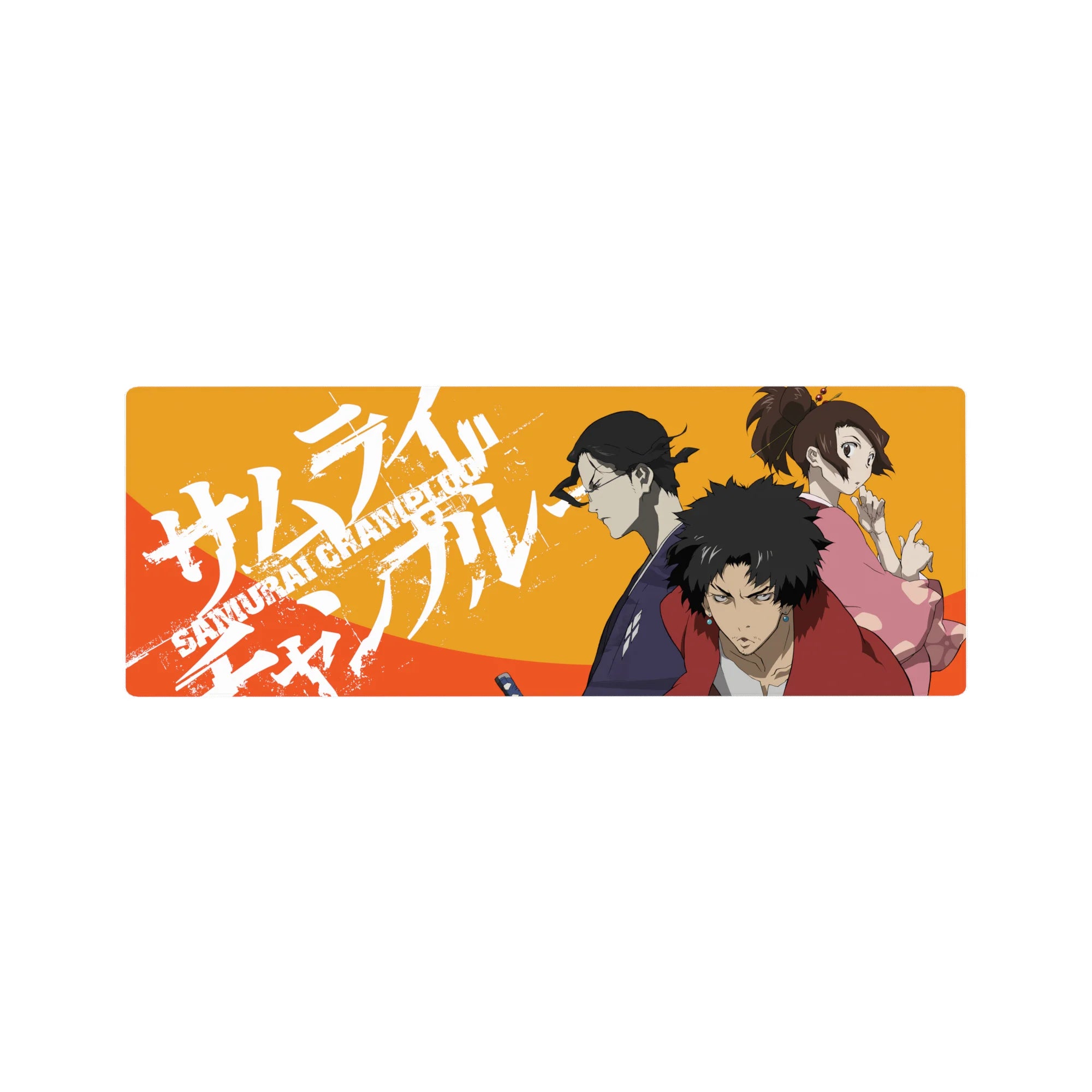 32x12 inches anime mouse pad with three warriors in triangle layout, paint-splatter lettering, poster style.