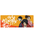 32x12 inches anime mouse pad with three warriors in triangle layout, paint-splatter lettering, poster style.