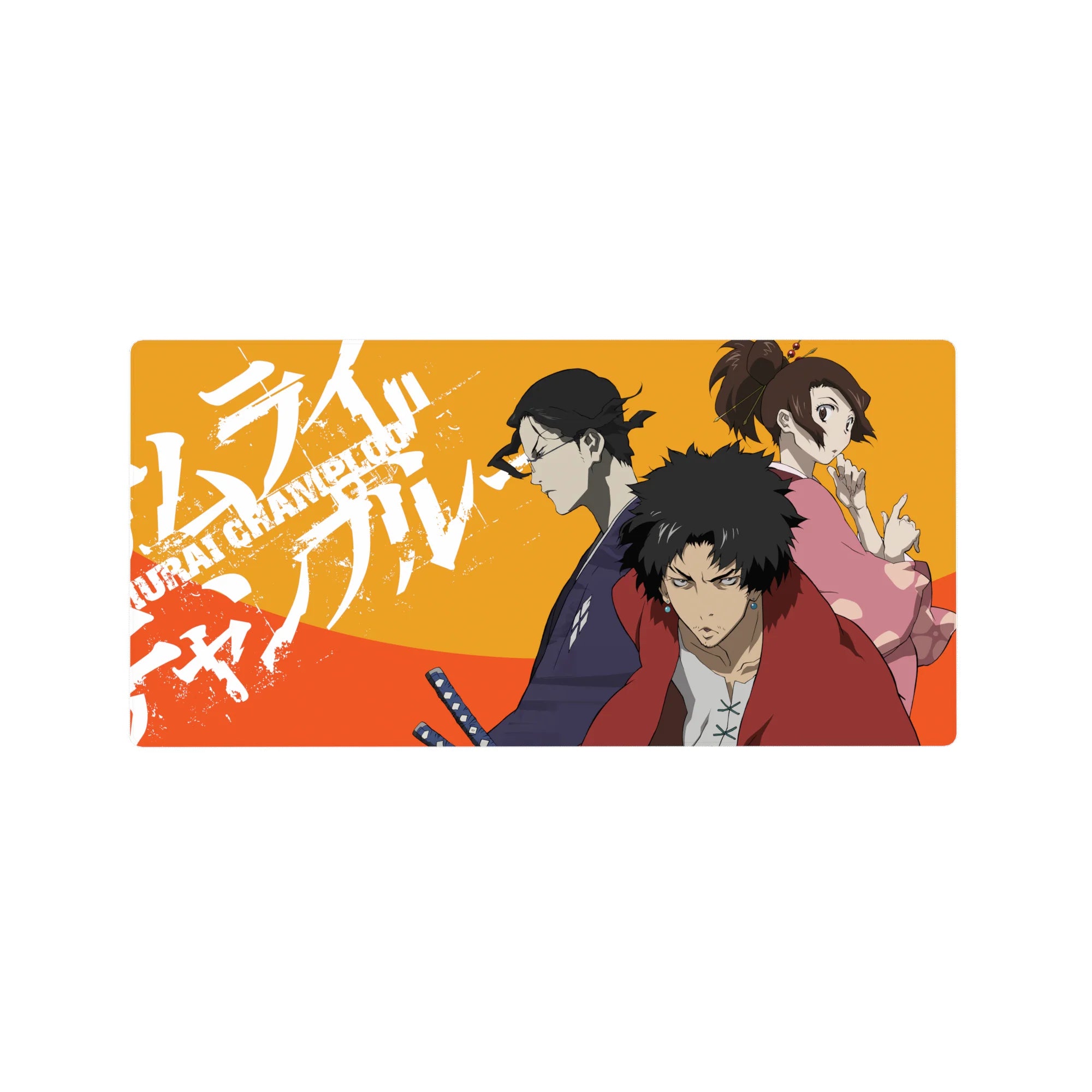 32x16 inches anime mouse pad with paint-splatter lettering and three warriors in a sharp triangle pose.
