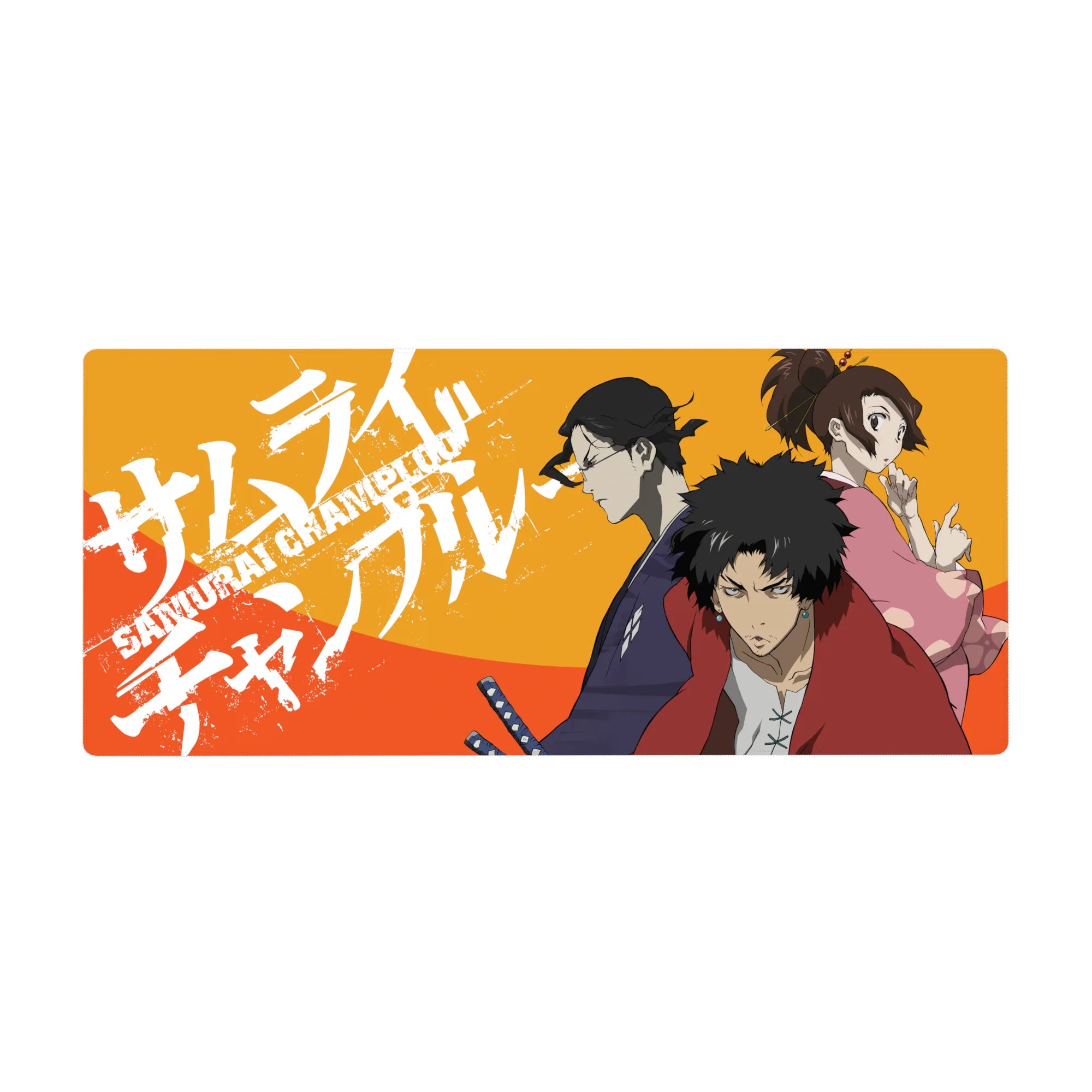 36x16 inches anime desk pad with paint-splatter lettering and three warriors in a sharp triangle pose.