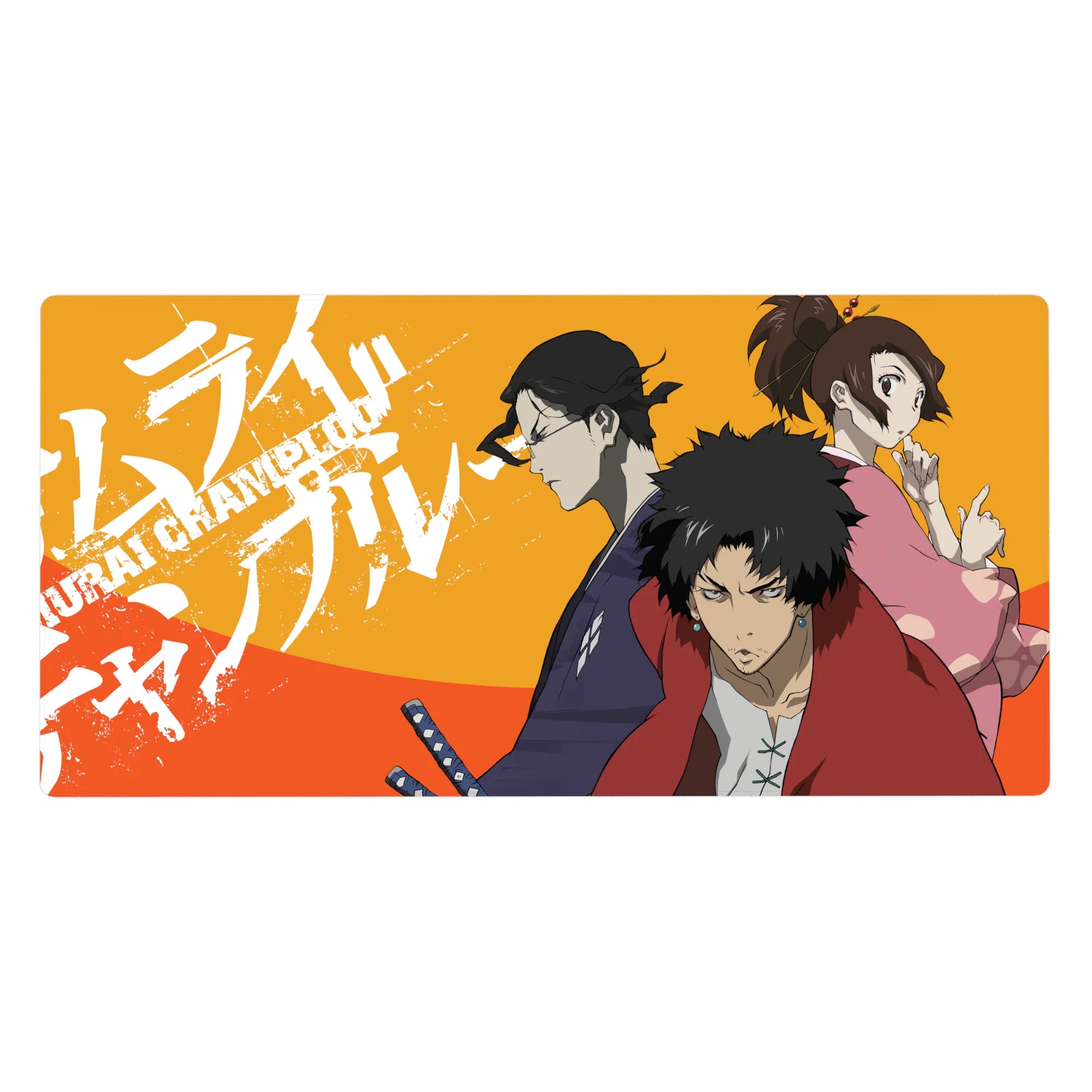 40x20 inches anime desk pad with orange paint-splatter lettering and three warriors in triangle pose.