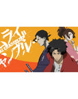 40x20 inches anime desk pad with orange paint-splatter lettering and three warriors in triangle pose.