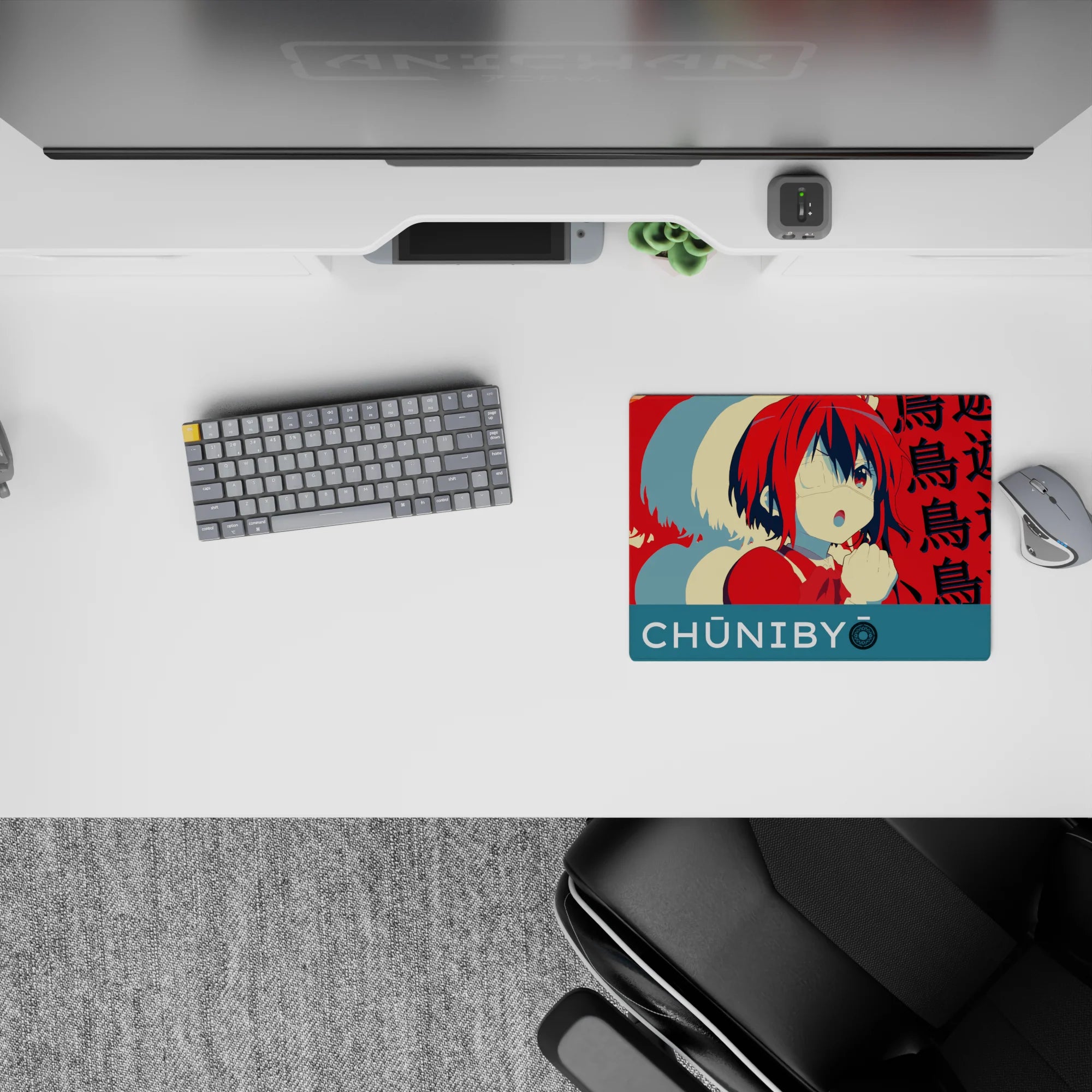 Anime girl mouse pad 14x10 inches in candy red and teal with creamy highlights, playful spell vibe.