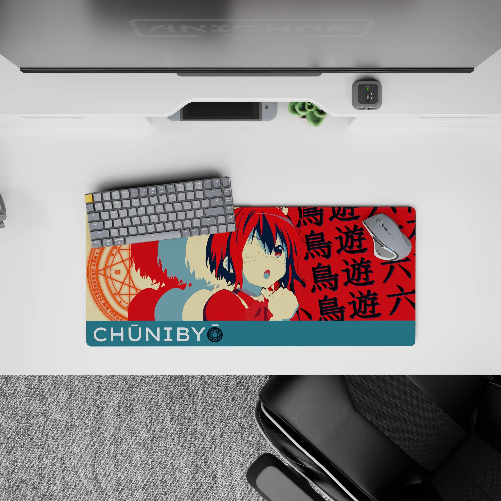 28x12 inches anime girl mouse pad in candy red and teal with creamy highlights, playful sweet chaos vibe.