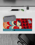 28x12 inches anime girl mouse pad in candy red and teal with creamy highlights, playful sweet chaos vibe.