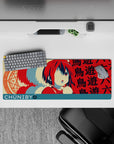 32x12 inches kawaii desk mat in candy red and teal with creamy highlights, playful sweet chaos vibe.