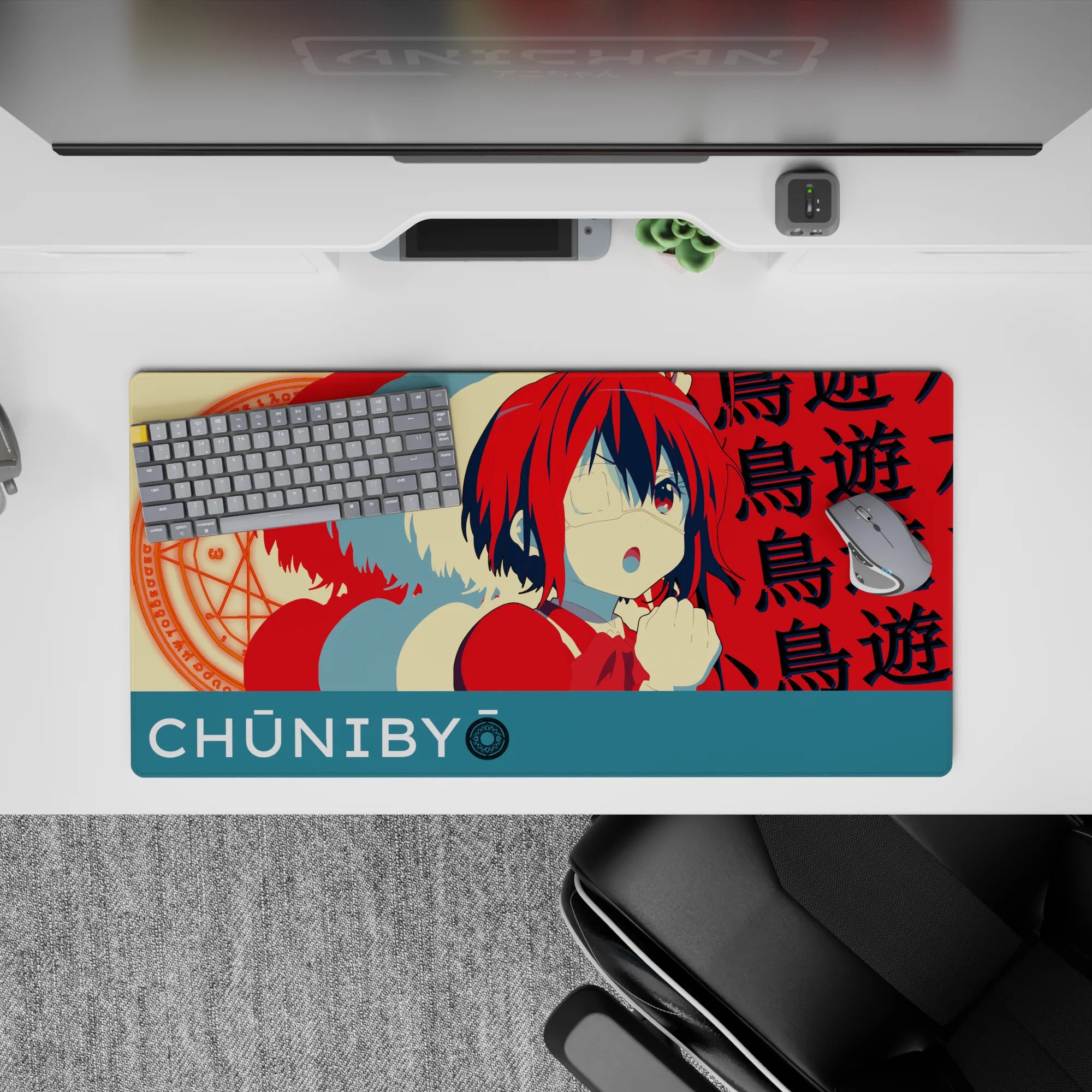 32x16 inches anime girl mouse pad in candy red and teal with creamy highlights, dreamy spell-circle vibe.