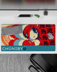 32x16 inches anime girl mouse pad in candy red and teal with creamy highlights, dreamy spell-circle vibe.