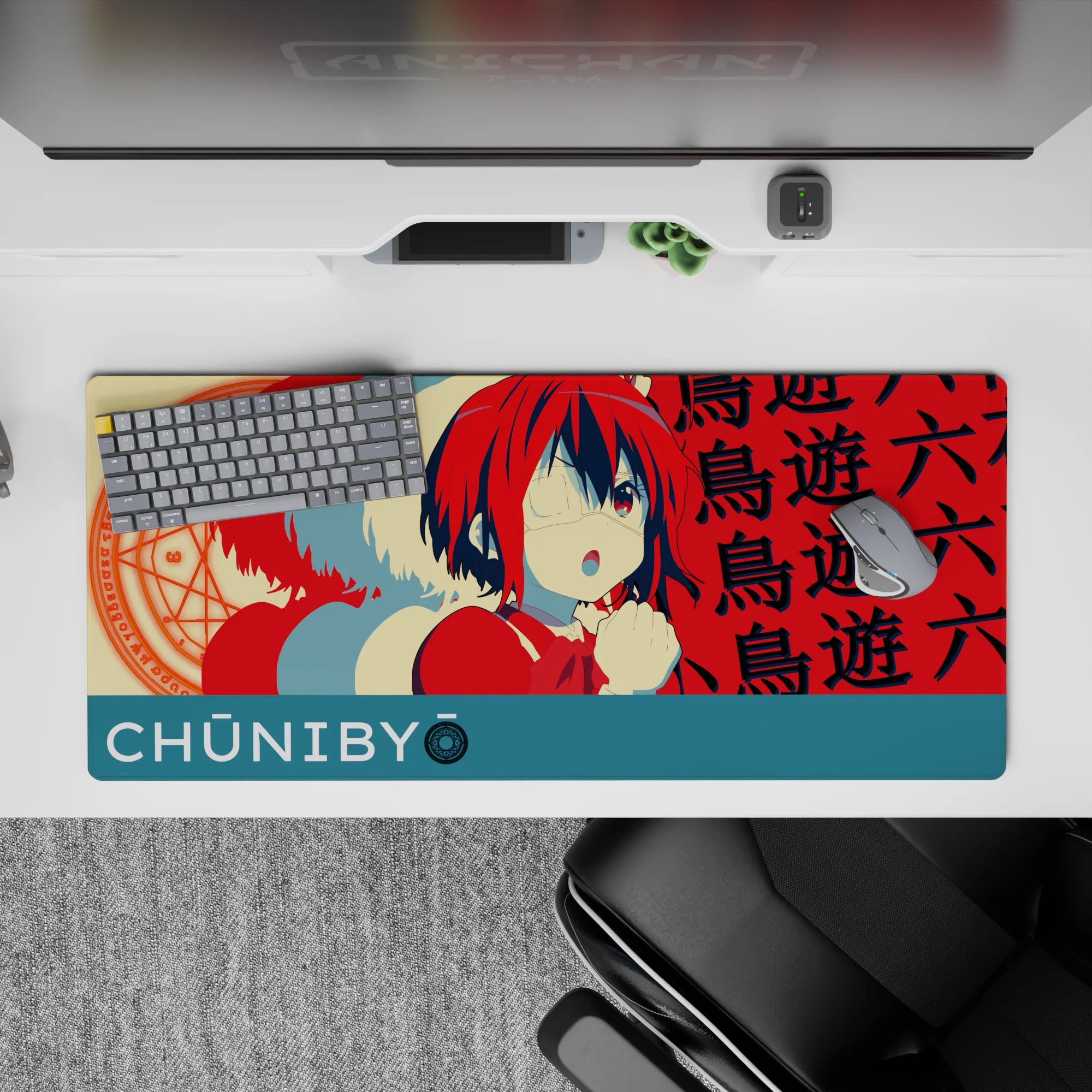 36x16 inches anime desk pad in candy red and teal with creamy highlights, loud playful chunibyo vibe.