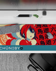 36x16 inches anime desk pad in candy red and teal with creamy highlights, loud playful chunibyo vibe.