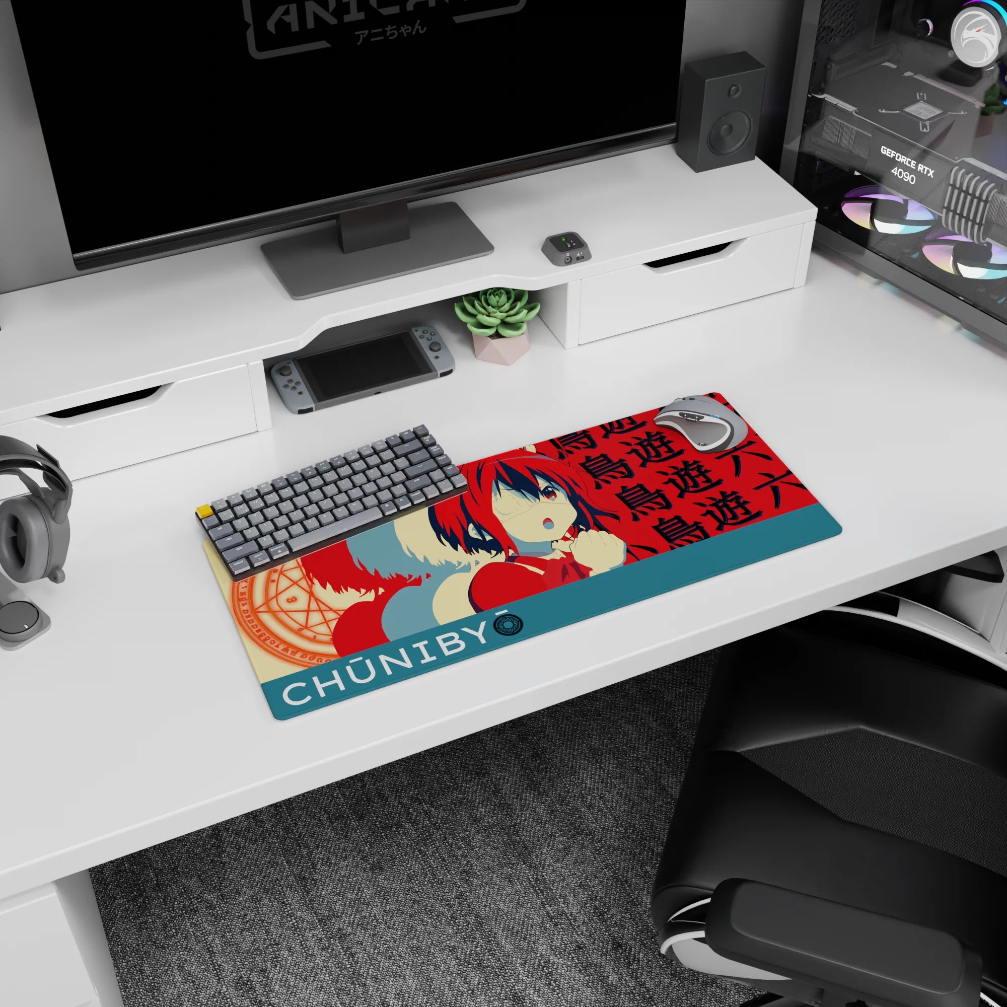 28x12 inches Rikka Takanashi mouse pad from Love, Chunibyo &amp; Other Delusions, blushing behind eyepatch.