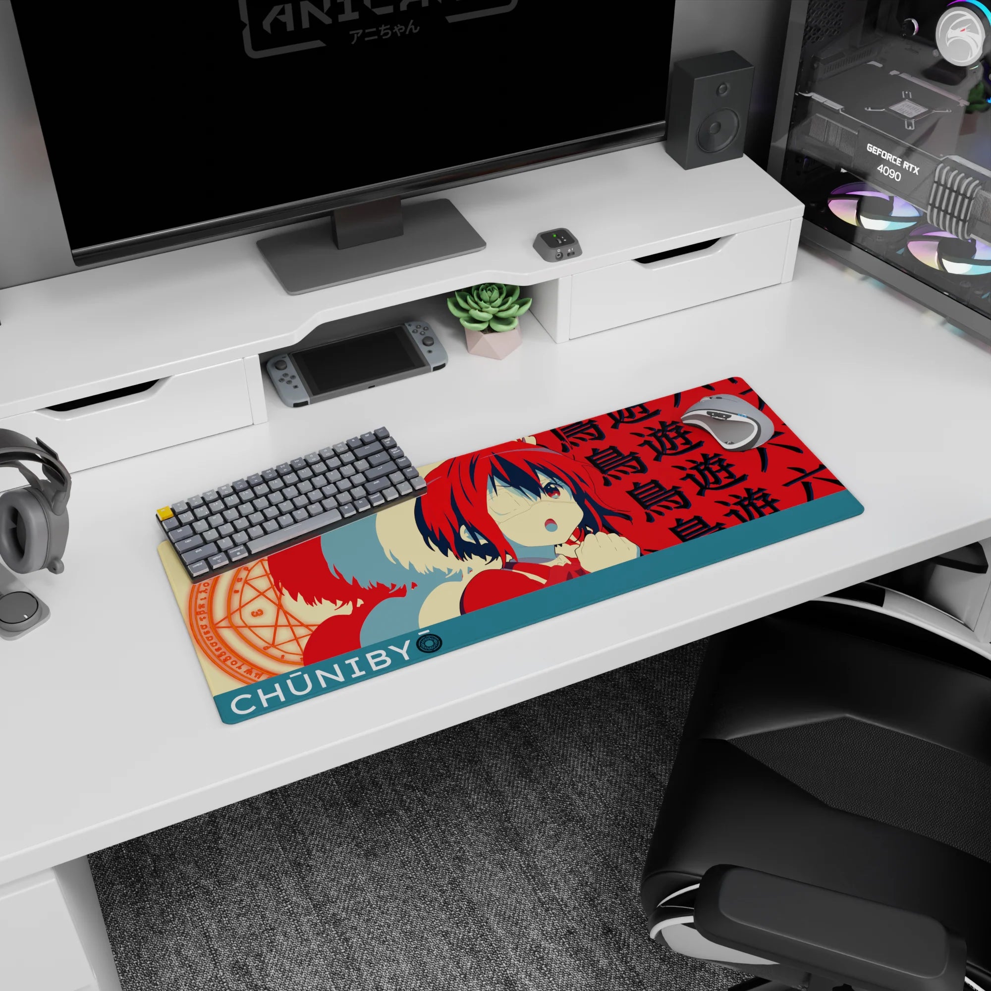 32x12 inches Rikka Takanashi mouse pad, blushing behind her eyepatch with a dreamy spell circle.