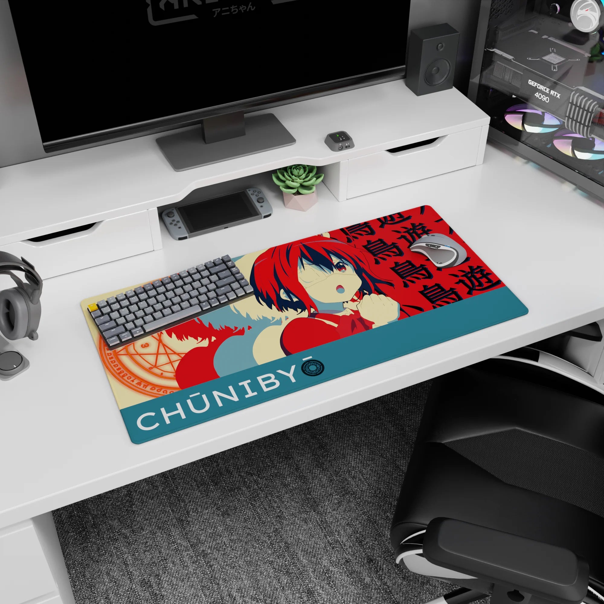 32x16 inches Rikka Takanashi mouse pad, blushing behind her eyepatch with a magic circle mid-cast.