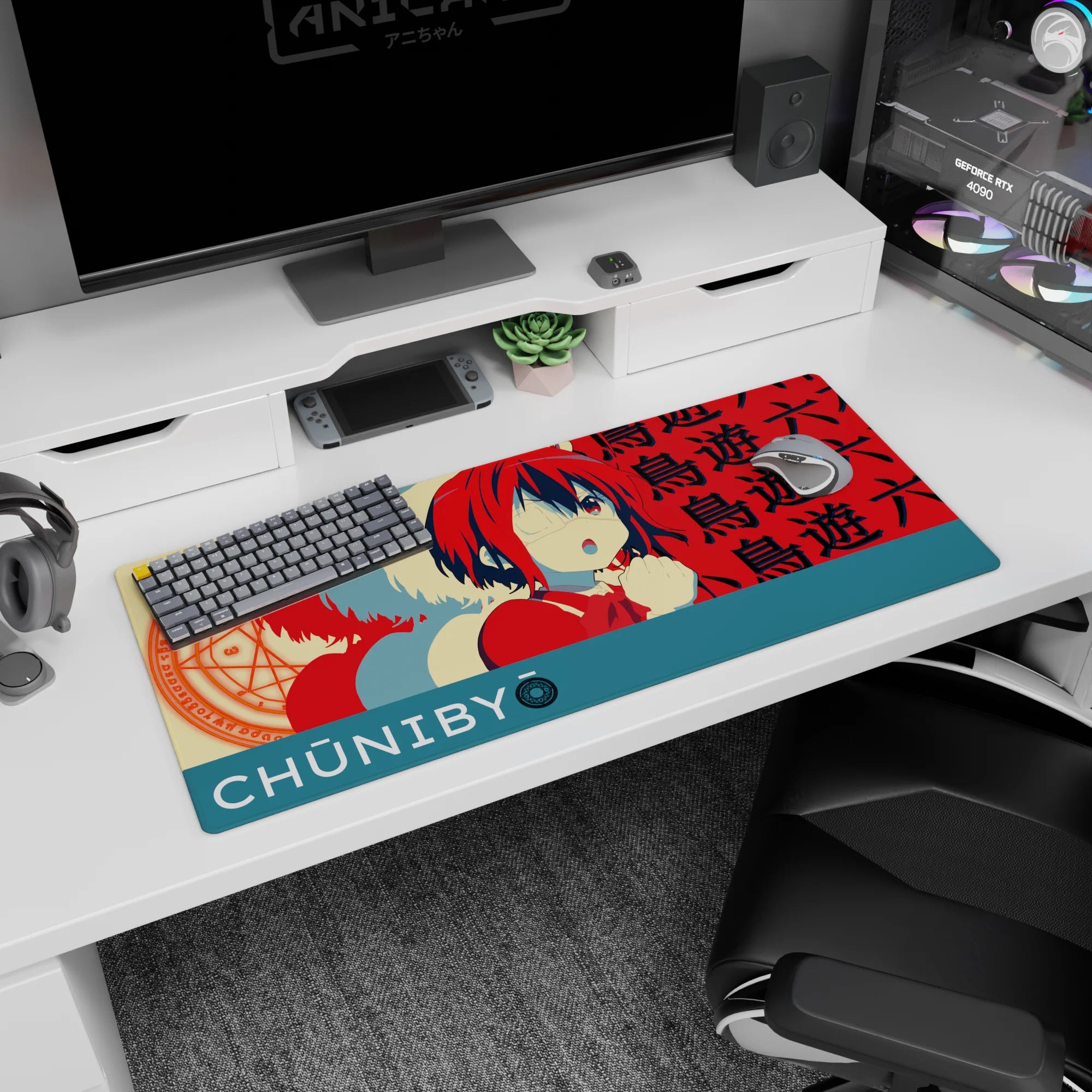 36x16 inches Love, Chunibyo &amp; Other Delusions desk pad featuring Rikka Takanashi blushing behind eyepatch.