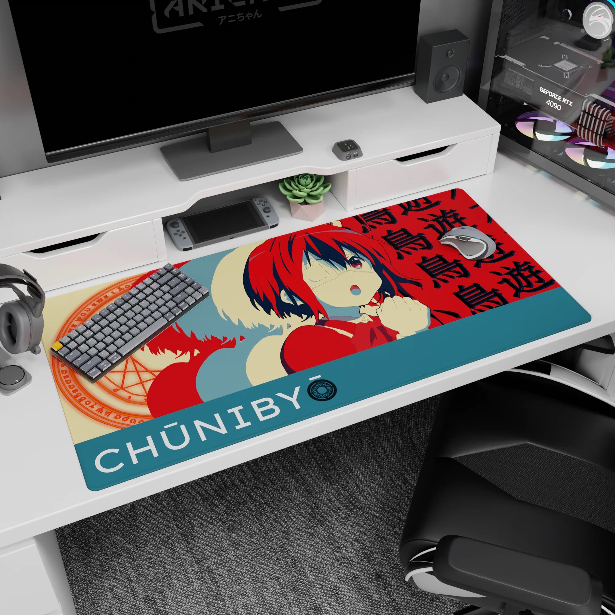 Rikka Takanashi blushing behind her eyepatch on an anime girl desk pad with spell circle, 40x20 inches.