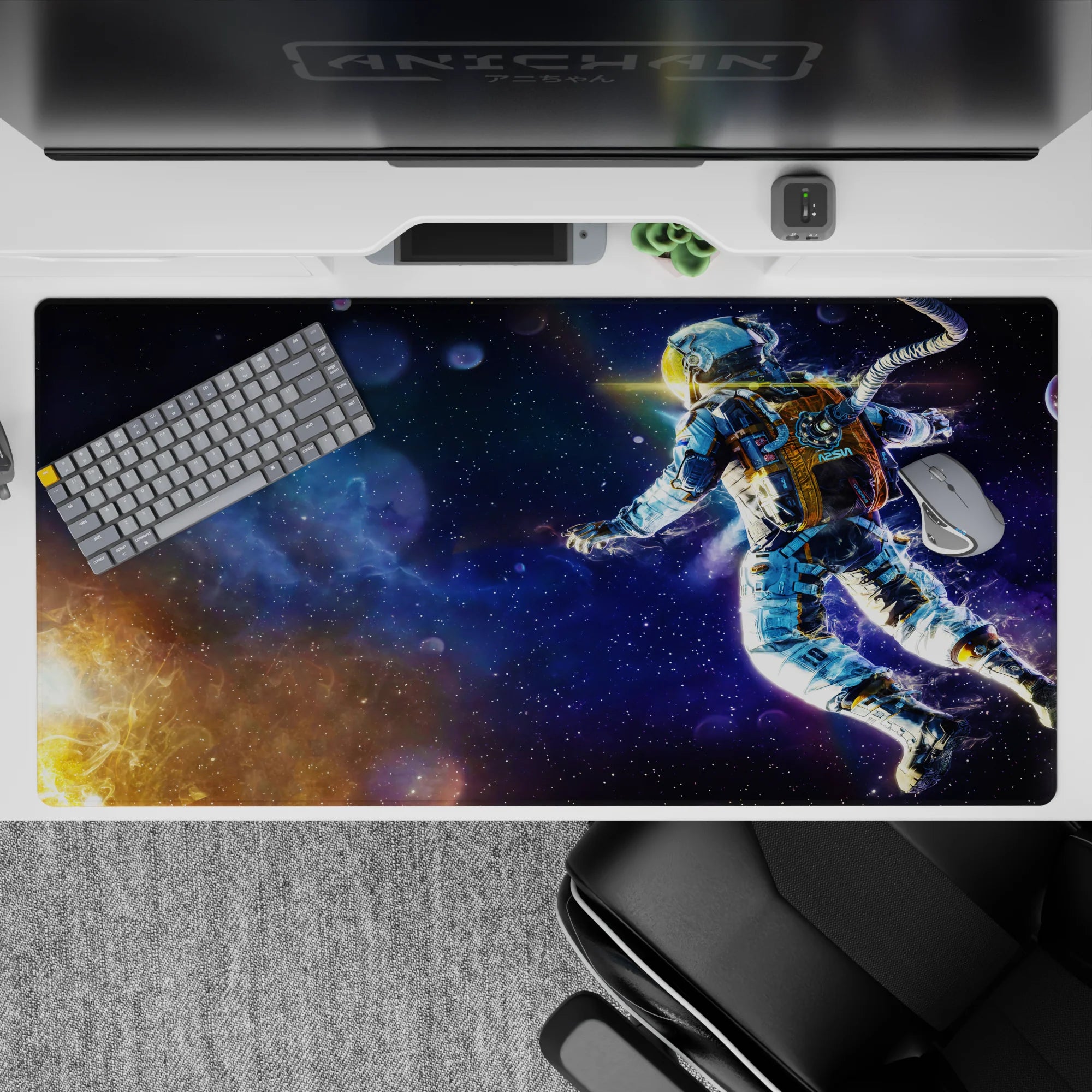 Midnight blue, inky purple, and warm golden haze desk pad, 40x20 inches, calm dreamy vibe.