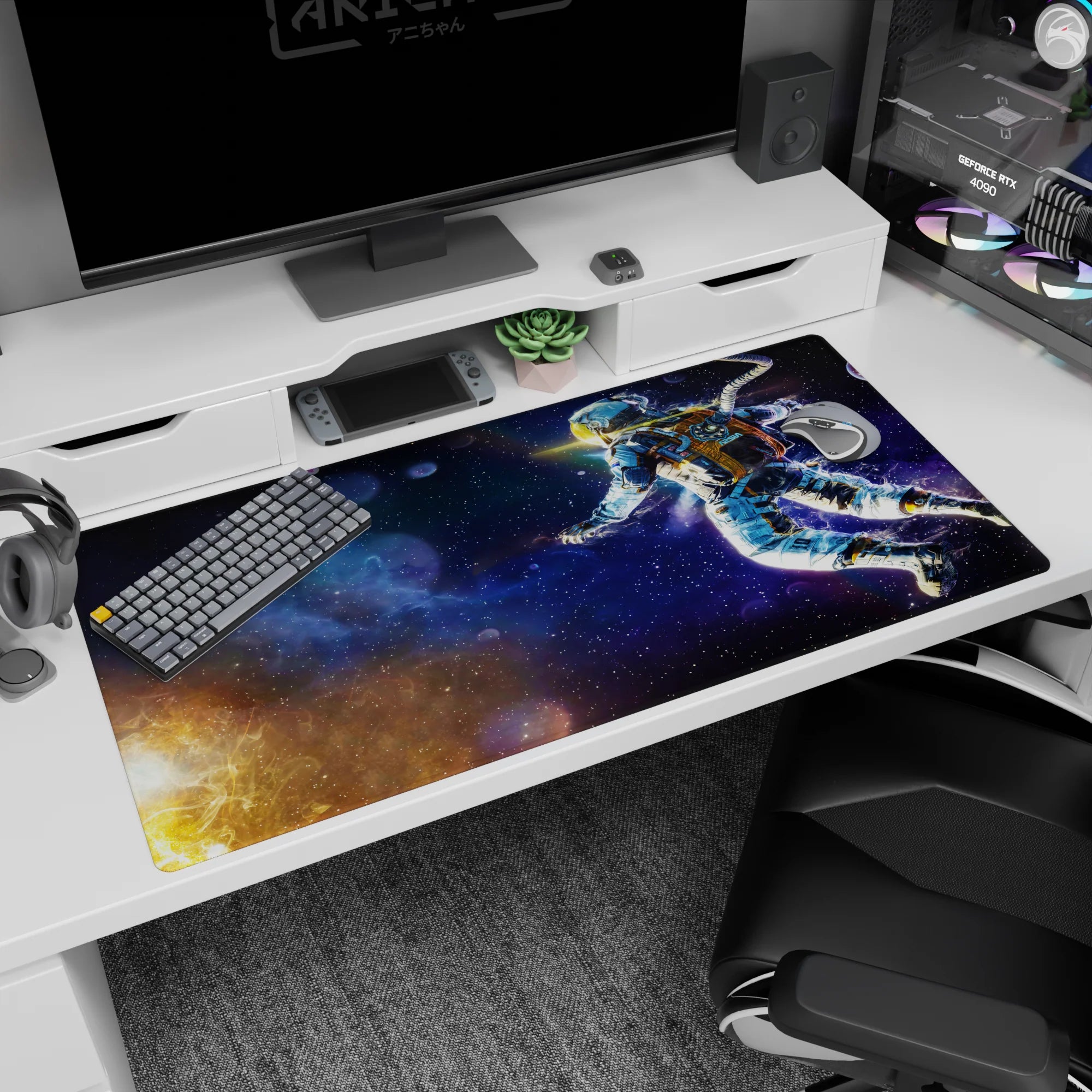 Lone astronaut floating with curling cables on a starry desk pad, 40x20 inches, deep space scene.