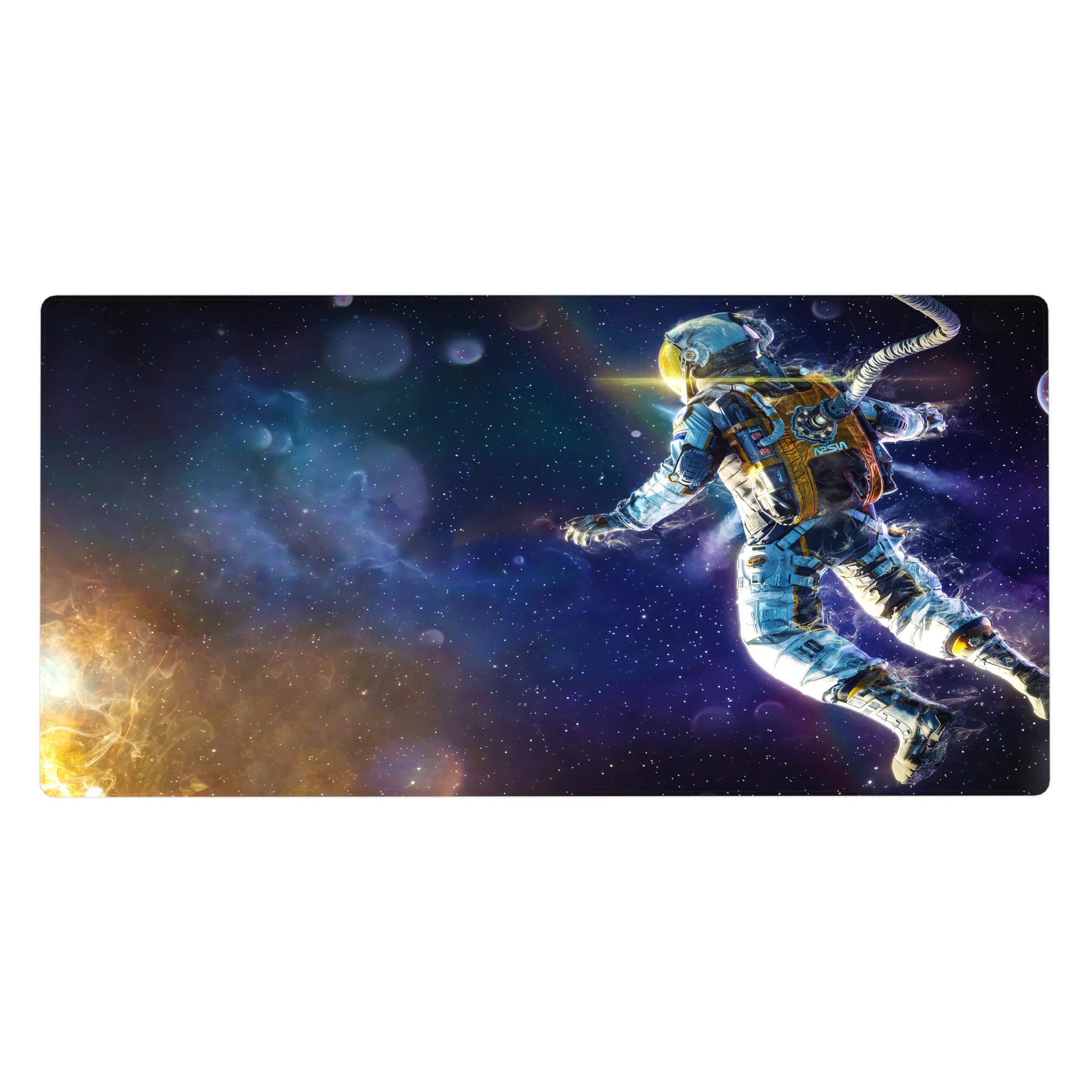 Space astronaut starfield desk pad, 40x20 inches, with swirling cosmic background for gaming and work.