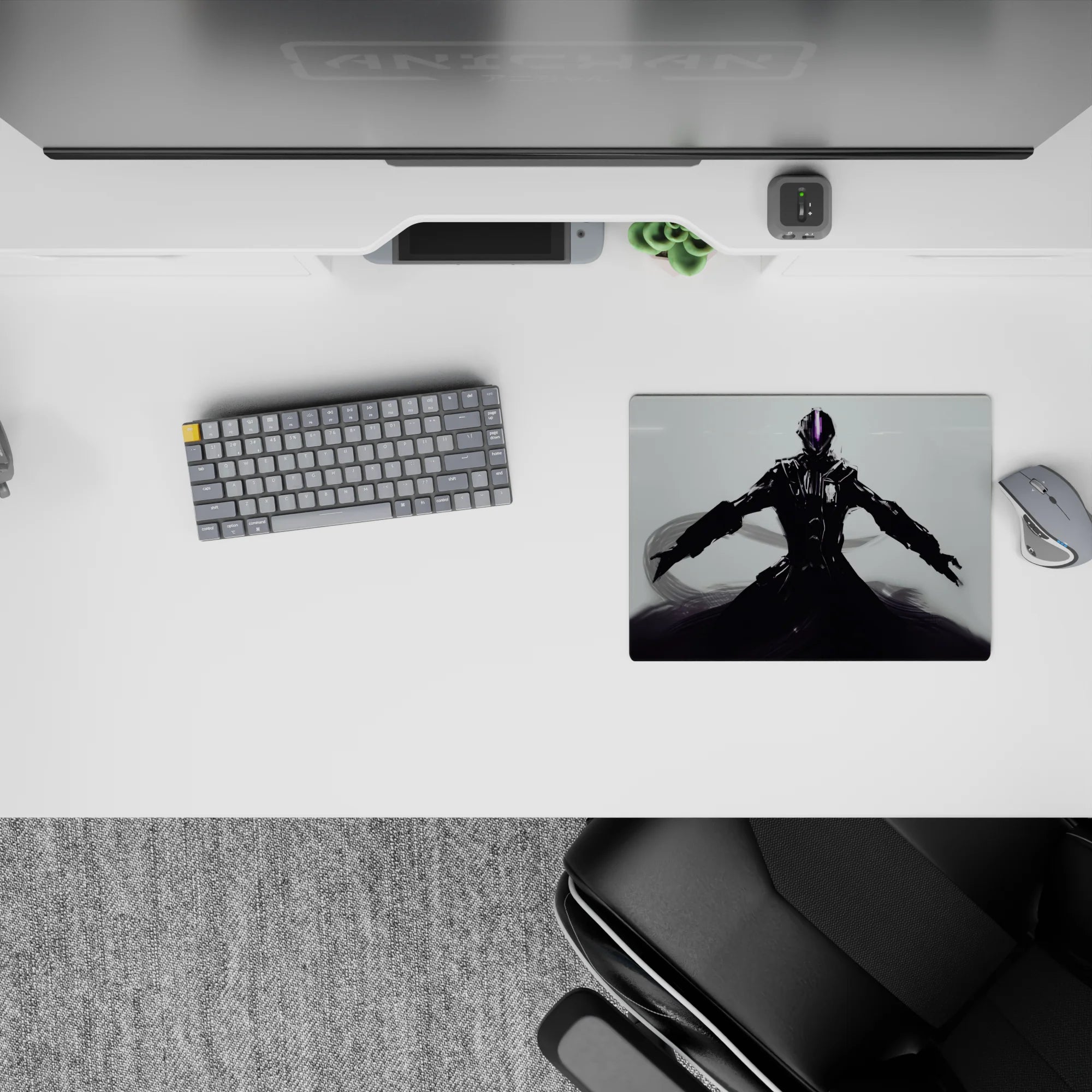 Dark glossy black anime mouse pad 14x10 inches with steel shadows, neon violet visor, calm dangerous vibe.