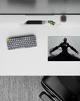 Dark glossy black anime mouse pad 14x10 inches with steel shadows, neon violet visor, calm dangerous vibe.
