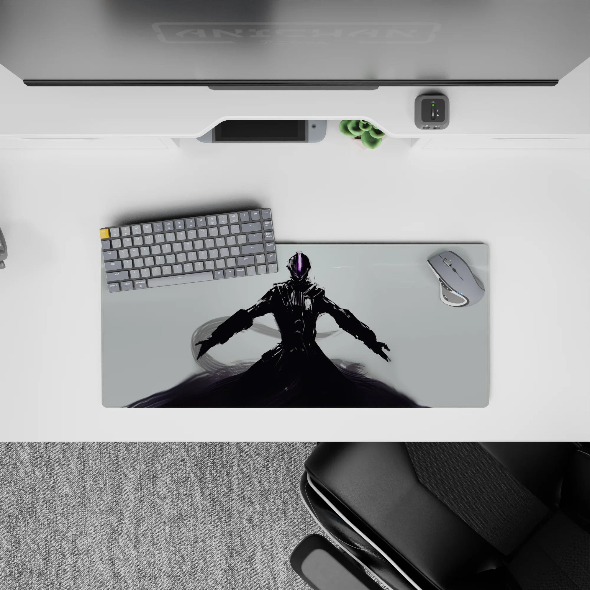 Dark futuristic anime mouse pad 28x12 inches in glossy black and steel with a violet neon visor.