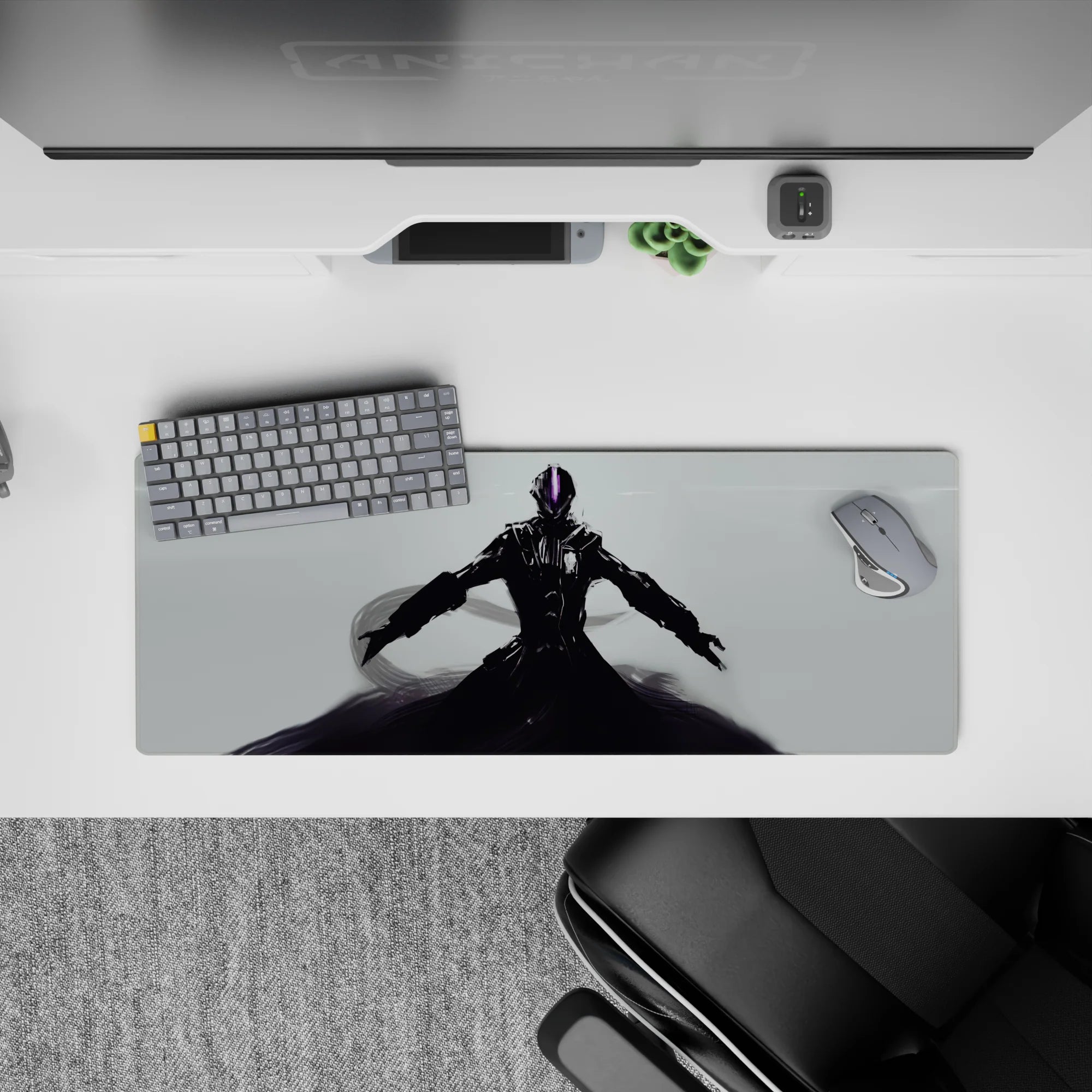 Dark glossy black anime mouse pad 32x12 inches with steel shadows and a thin violet neon visor.
