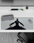 Dark glossy black anime mouse pad 32x12 inches with steel shadows and a thin violet neon visor.