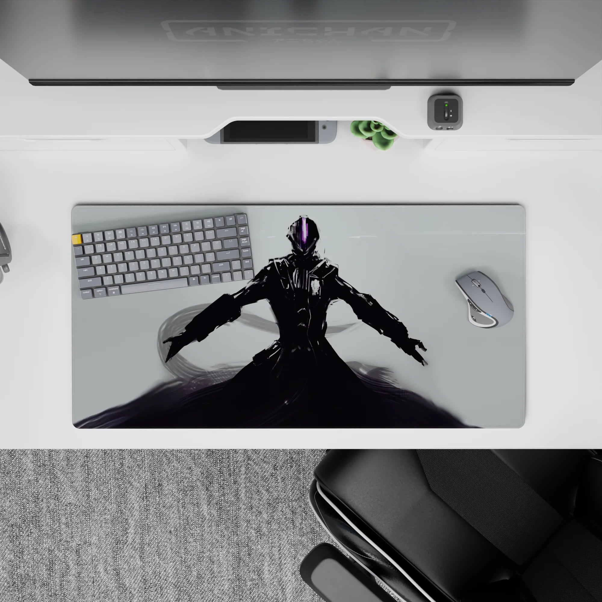 32x16 inches anime mouse pad in glossy black and steel tones, neon violet visor, quiet dark mood.