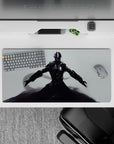 32x16 inches anime mouse pad in glossy black and steel tones, neon violet visor, quiet dark mood.