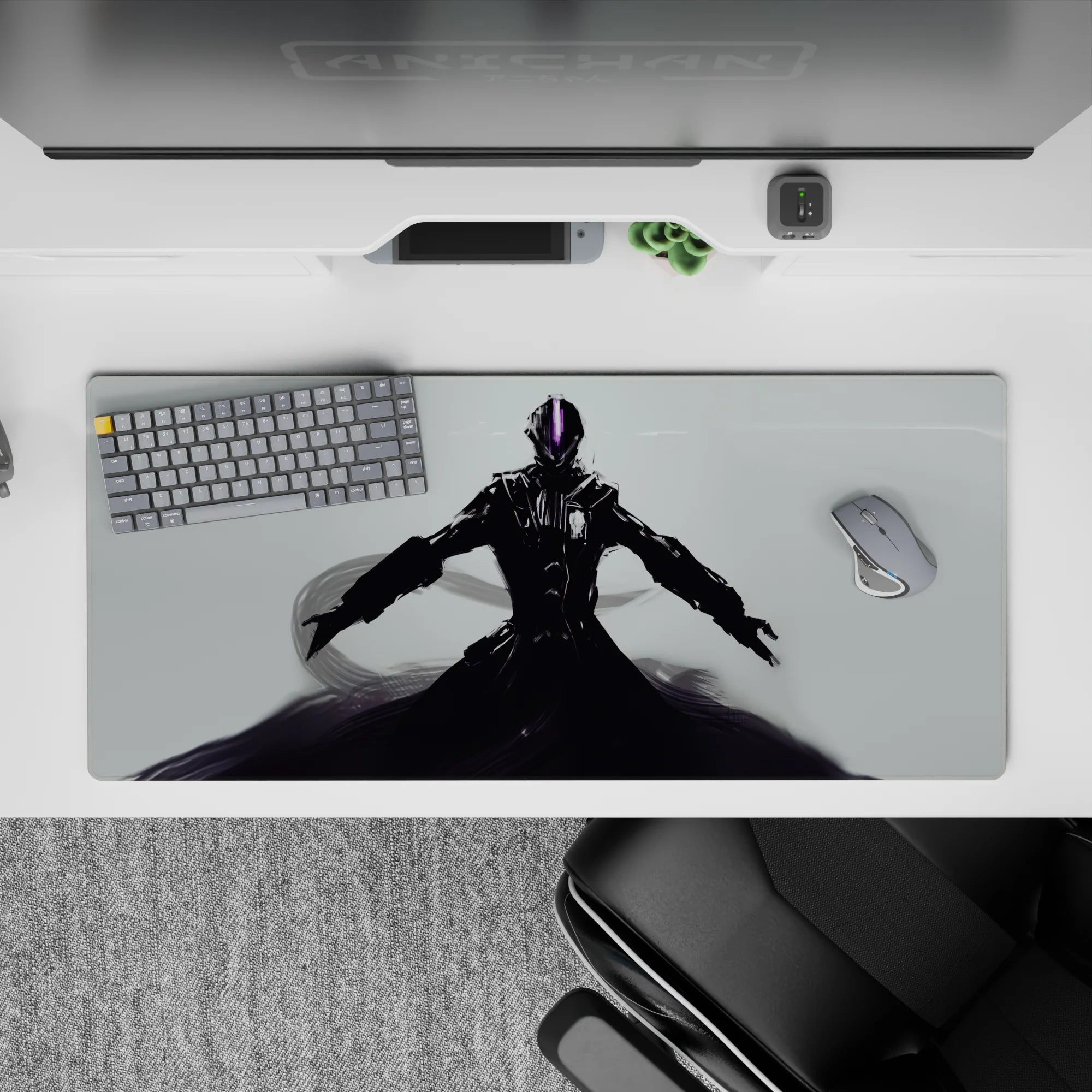 36x16 inches anime desk pad in glossy black and steel tones with neon violet visor, calm deadly mood.