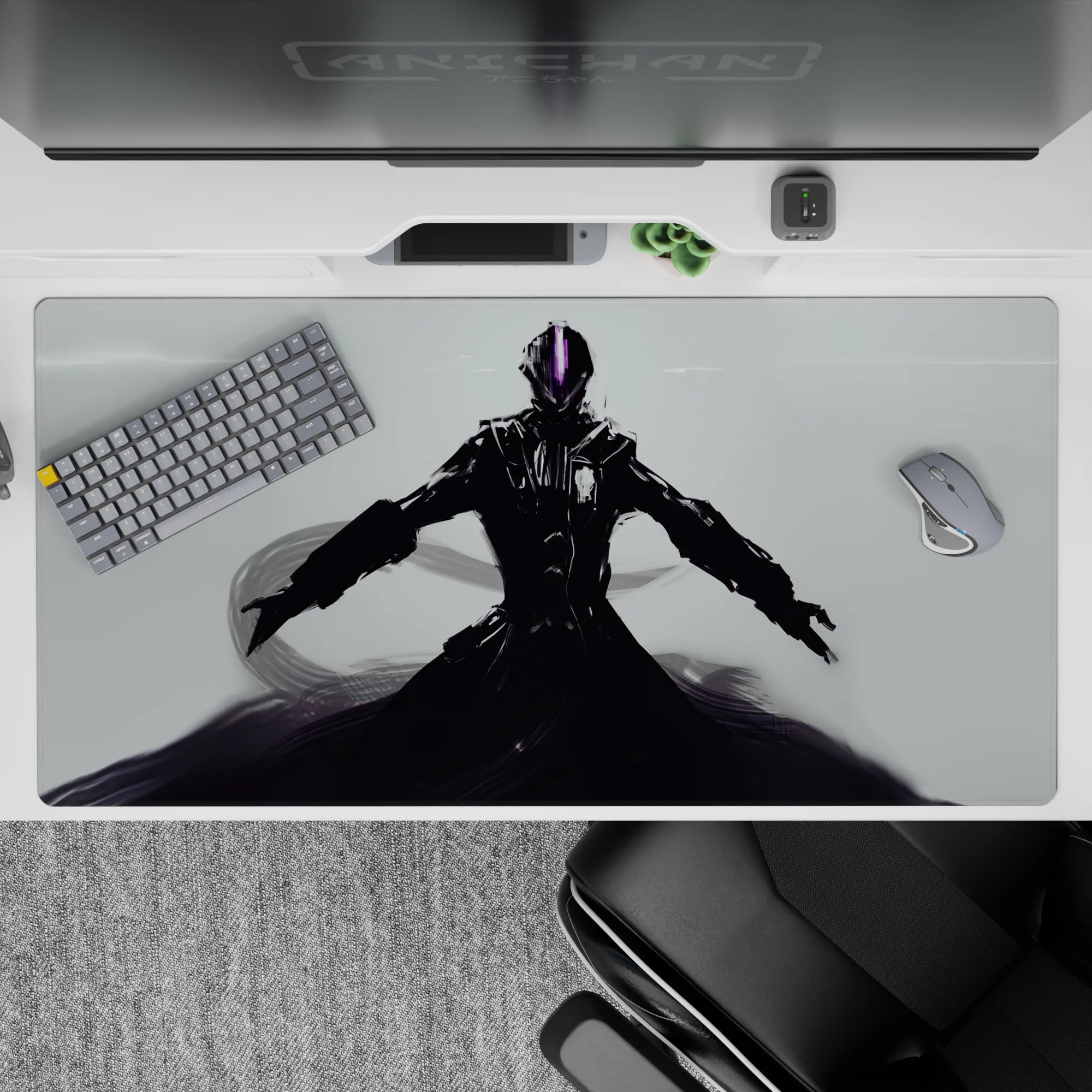 40x20 inches anime desk pad in glossy blacks and steel shadows, neon violet visor, calm dangerous vibe.