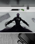 40x20 inches anime desk pad in glossy blacks and steel shadows, neon violet visor, calm dangerous vibe.