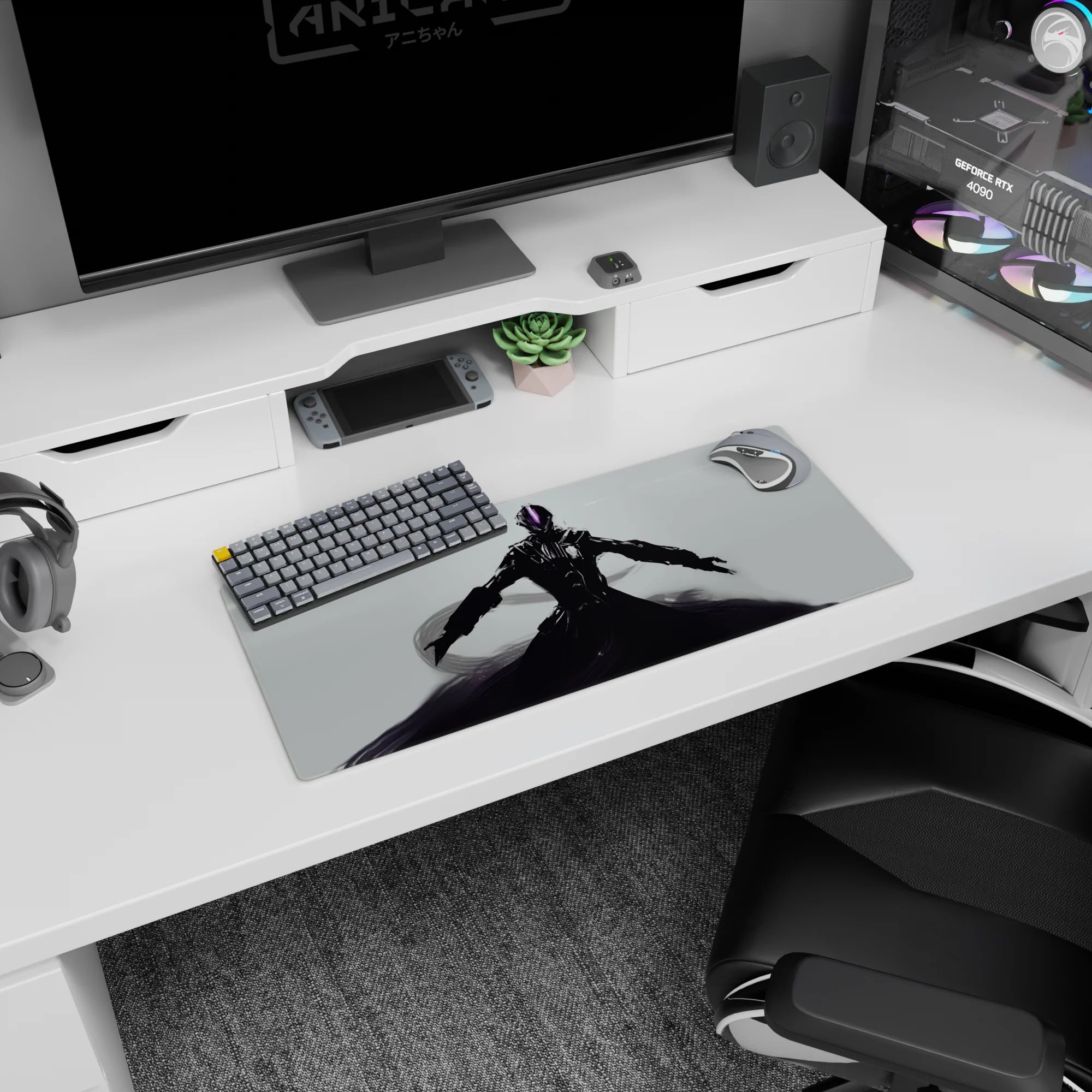 Lone final-boss armored figure with arms spread on anime mouse pad 28x12 inches, swirling smoke below.