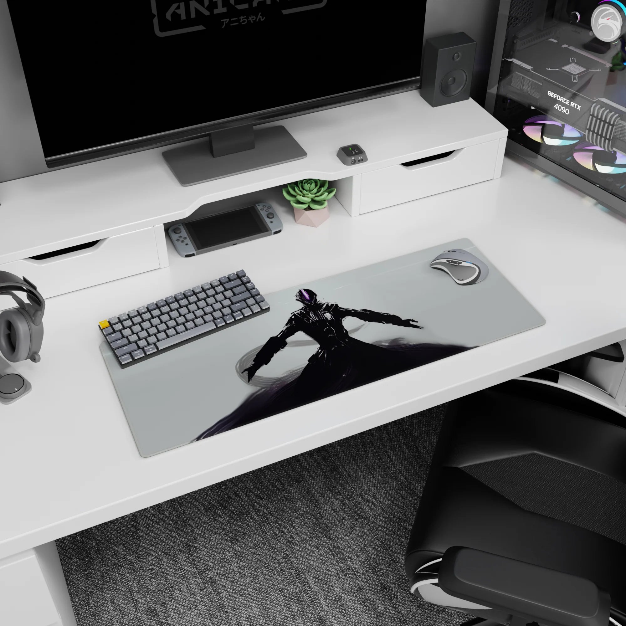 Anime mouse pad 32x12 inches showing an armored final-boss figure with arms spread and smoky swirls.