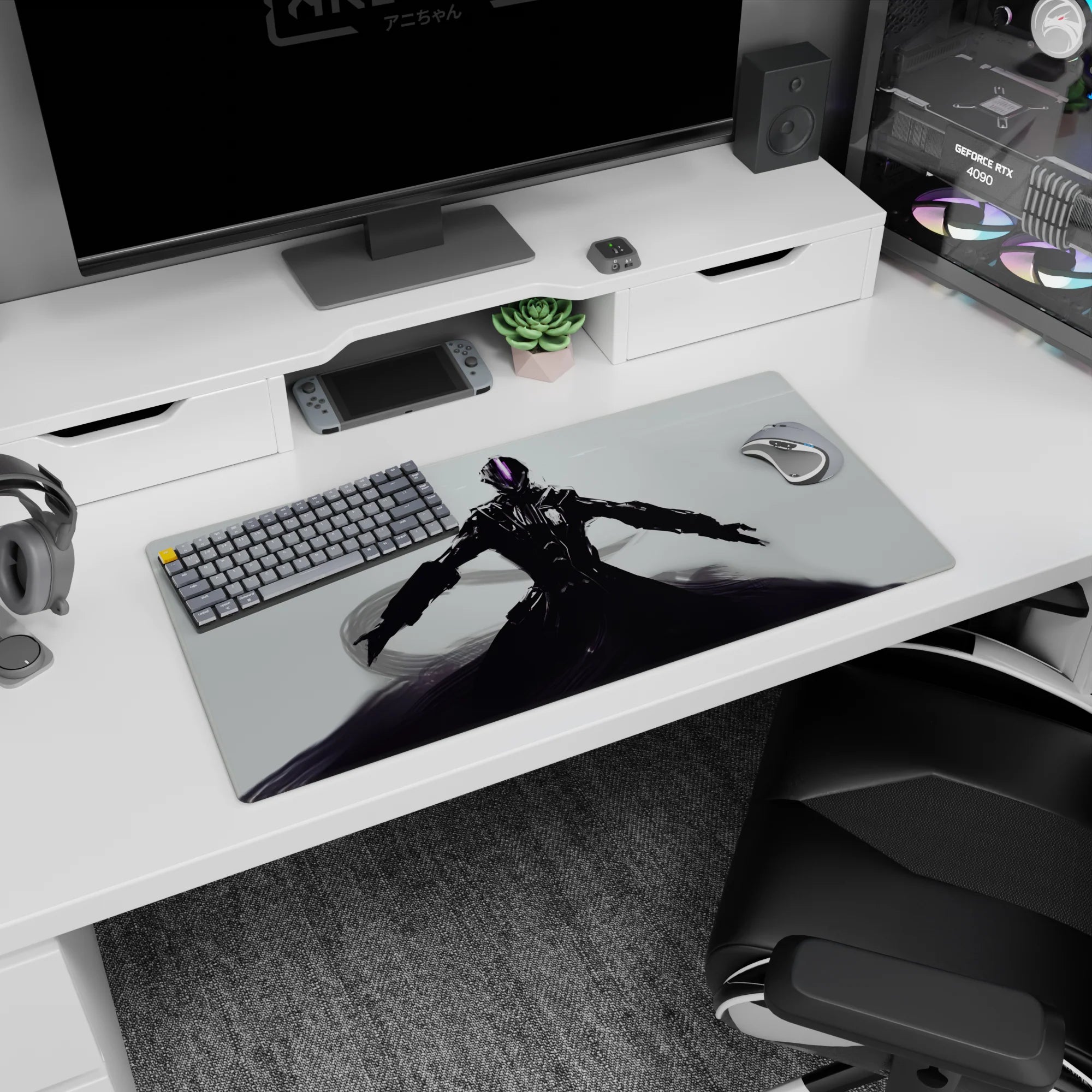 32x16 inches anime mouse pad showing a final-boss armored figure arms outstretched, smoky swirls below.
