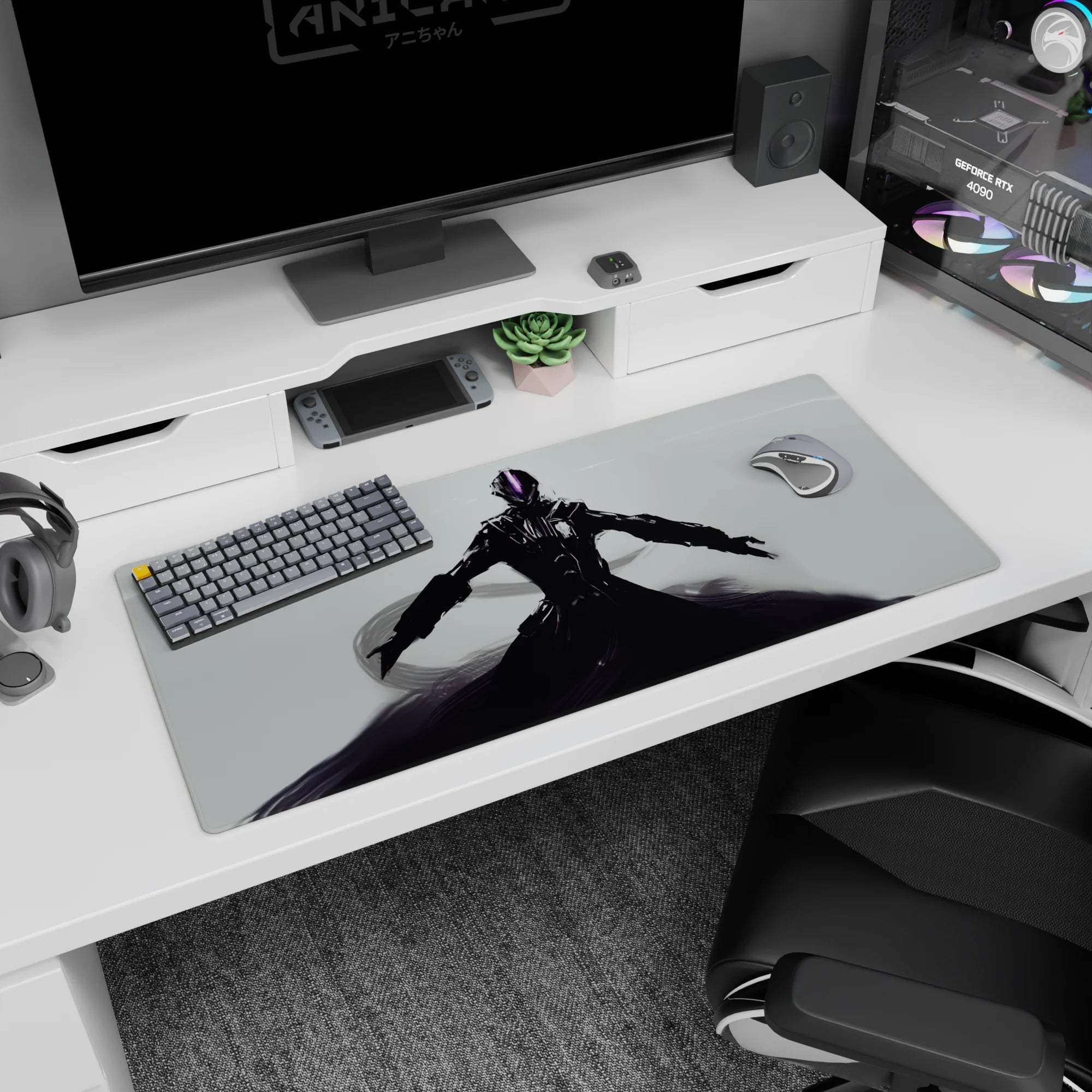 36x16 inches anime desk pad showing a final-boss armored figure, arms spread, smoky swirls at feet.