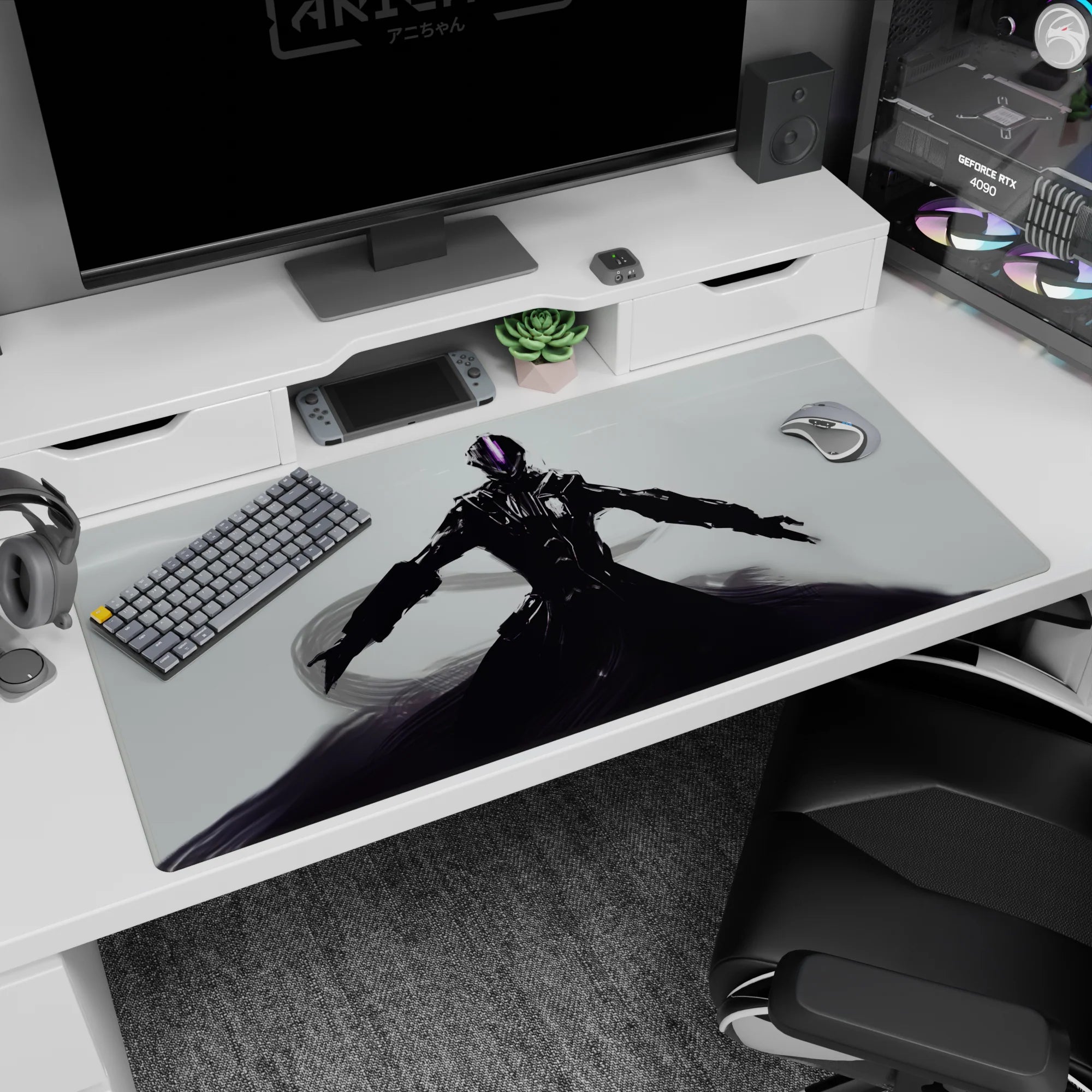 Anime desk pad 40x20 inches showing armored final-boss figure arms spread, smoky strokes swirling at feet.