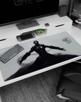 Anime desk pad 40x20 inches showing armored final-boss figure arms spread, smoky strokes swirling at feet.