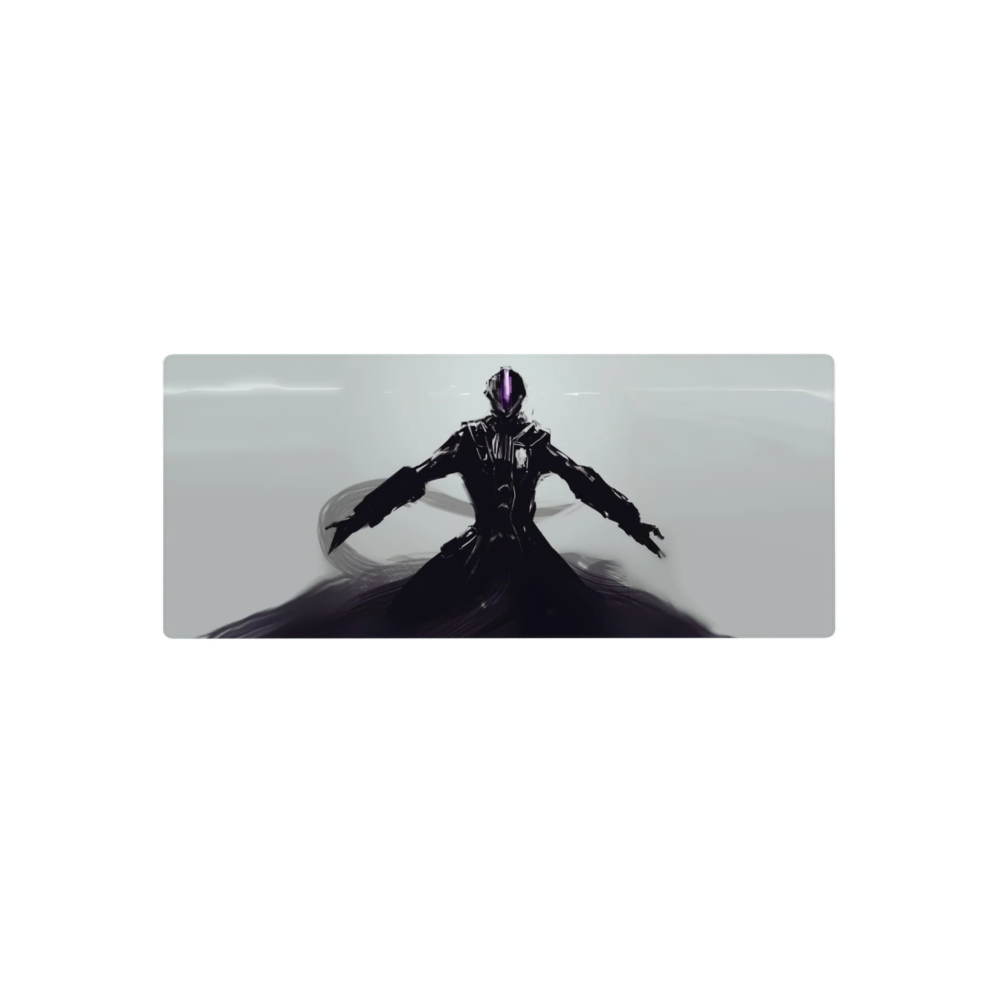 Sleek anime mouse pad 28x12 inches with lone armored warrior, long coat, pale backdrop, smoky effects.