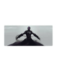 Sleek anime mouse pad 28x12 inches with lone armored warrior, long coat, pale backdrop, smoky effects.