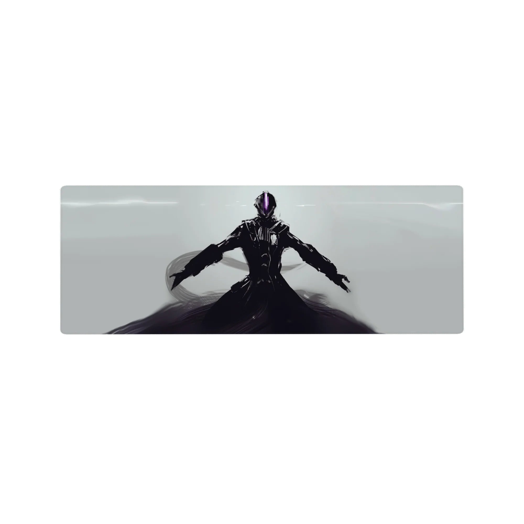 Sleek armored anime mouse pad 32x12 inches with lone futuristic warrior on a clean pale background.