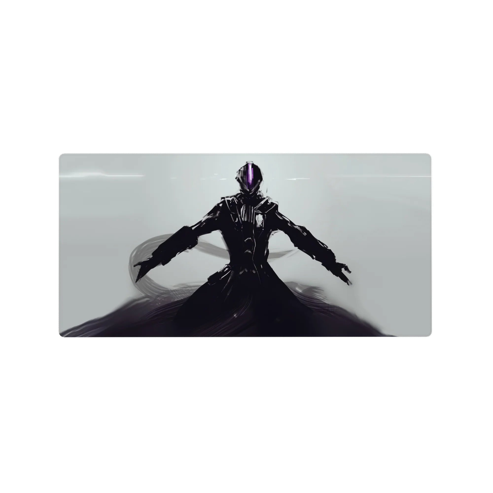 32x16 inches anime mouse pad with armored lone warrior, long coat, violet visor, pale background.