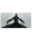 32x16 inches anime mouse pad with armored lone warrior, long coat, violet visor, pale background.