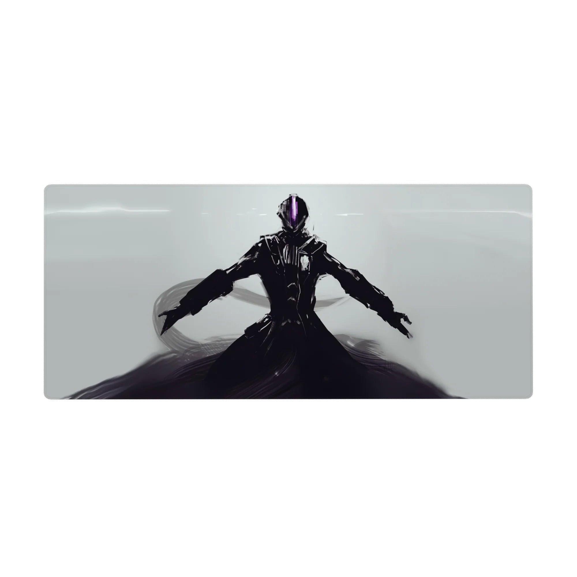 36x16 inches anime desk pad with lone armored warrior, long coat, violet visor, clean pale backdrop.