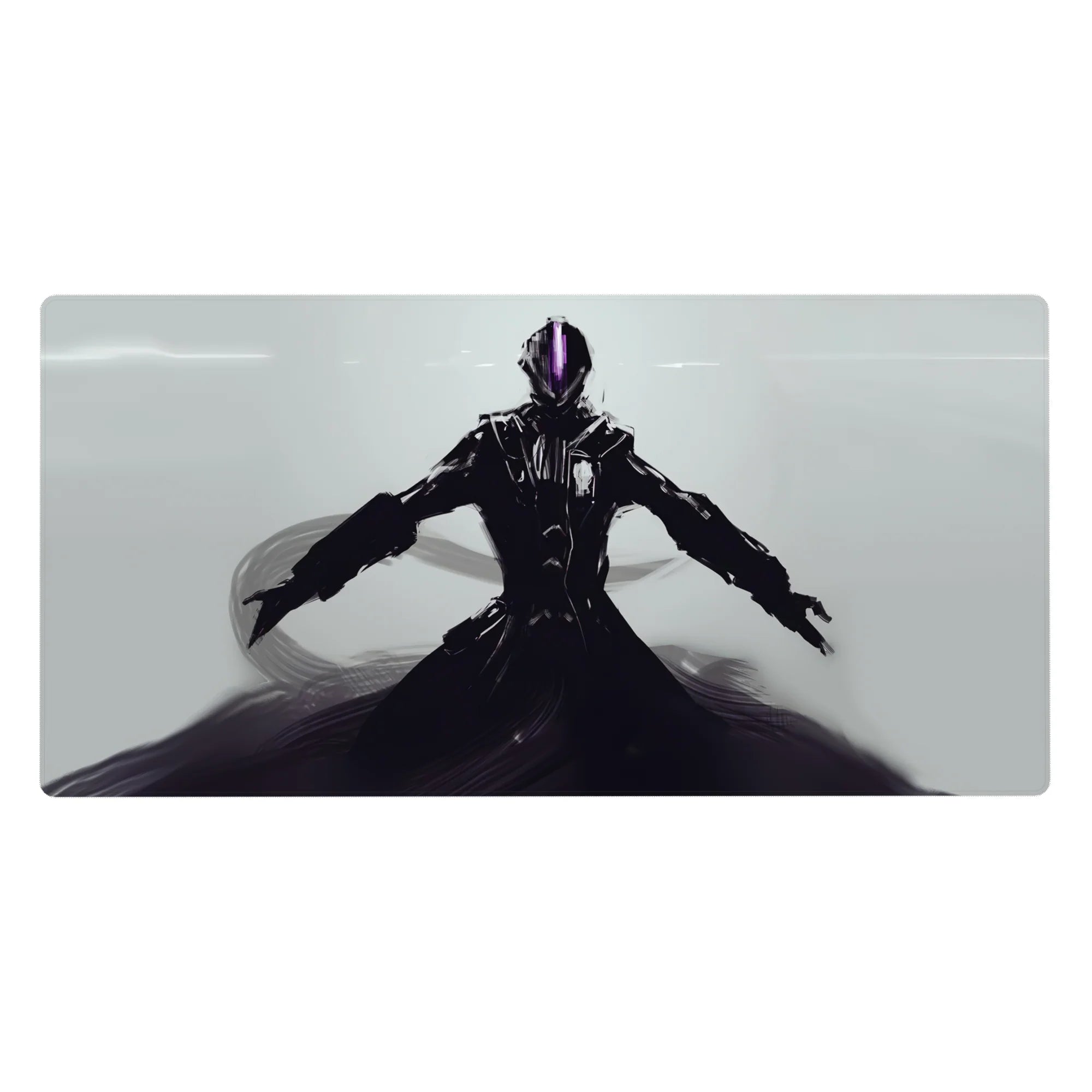 Anime desk pad 40x20 inches with lone armored warrior, long coat, glossy black plating on pale backdrop.