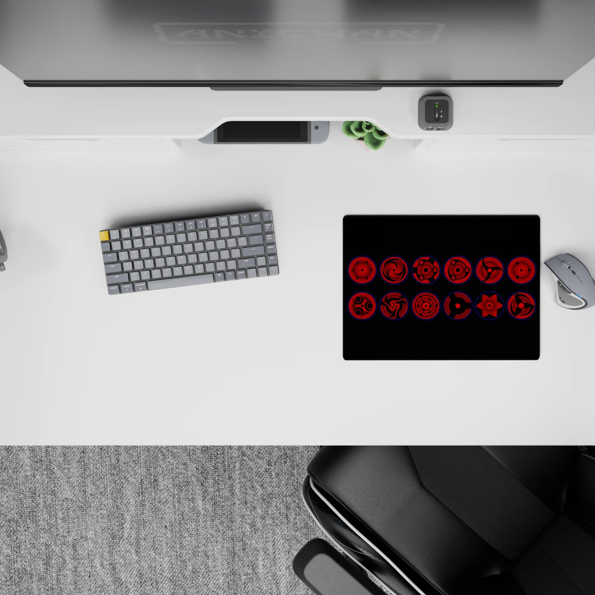Dark anime mouse pad 14x10 inches with deep crimson Sharingan rings, blue glow rims, ominous vibe.