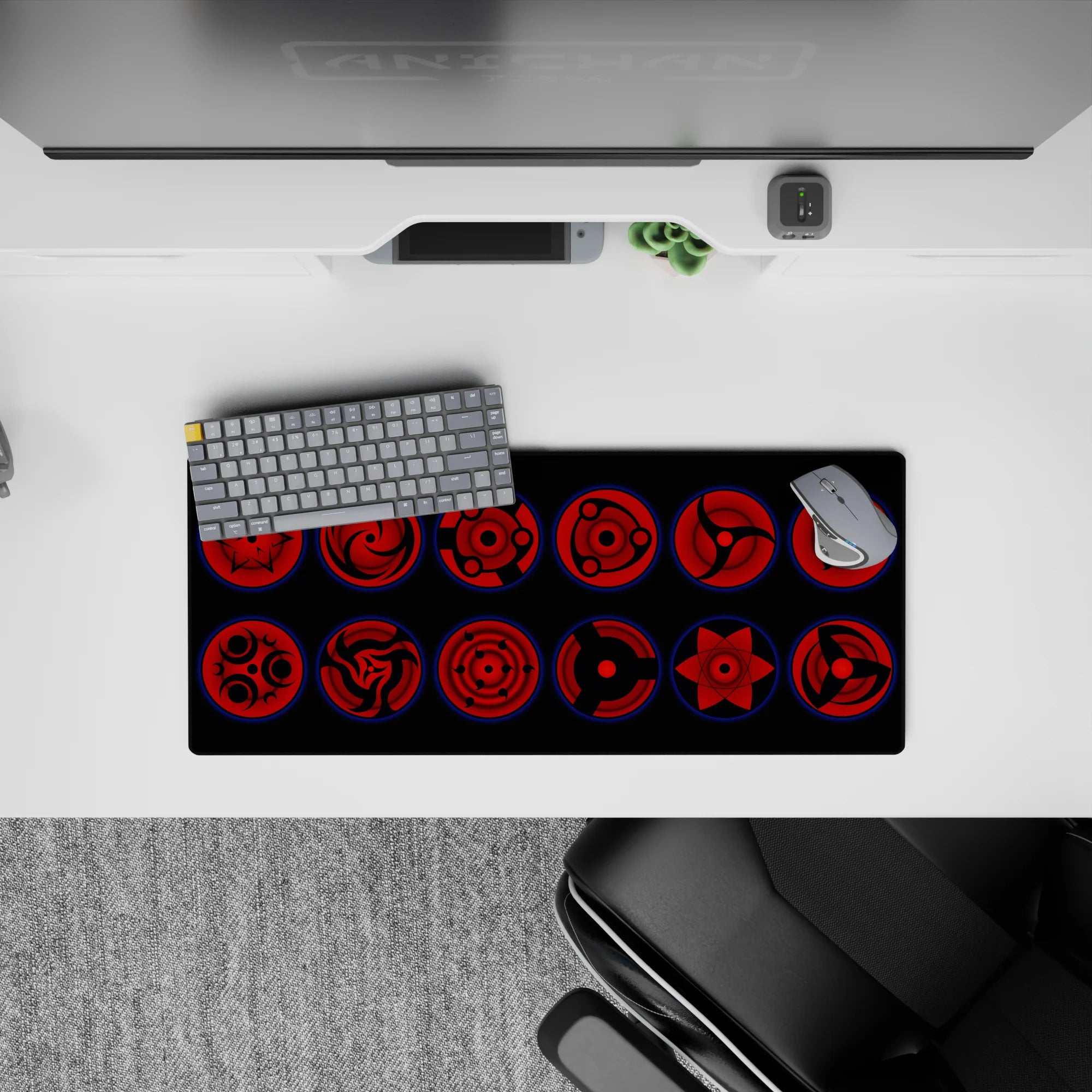 28x12 inches anime mouse pad in deep crimson and black with glowing blue rims, clean yet menacing vibe.