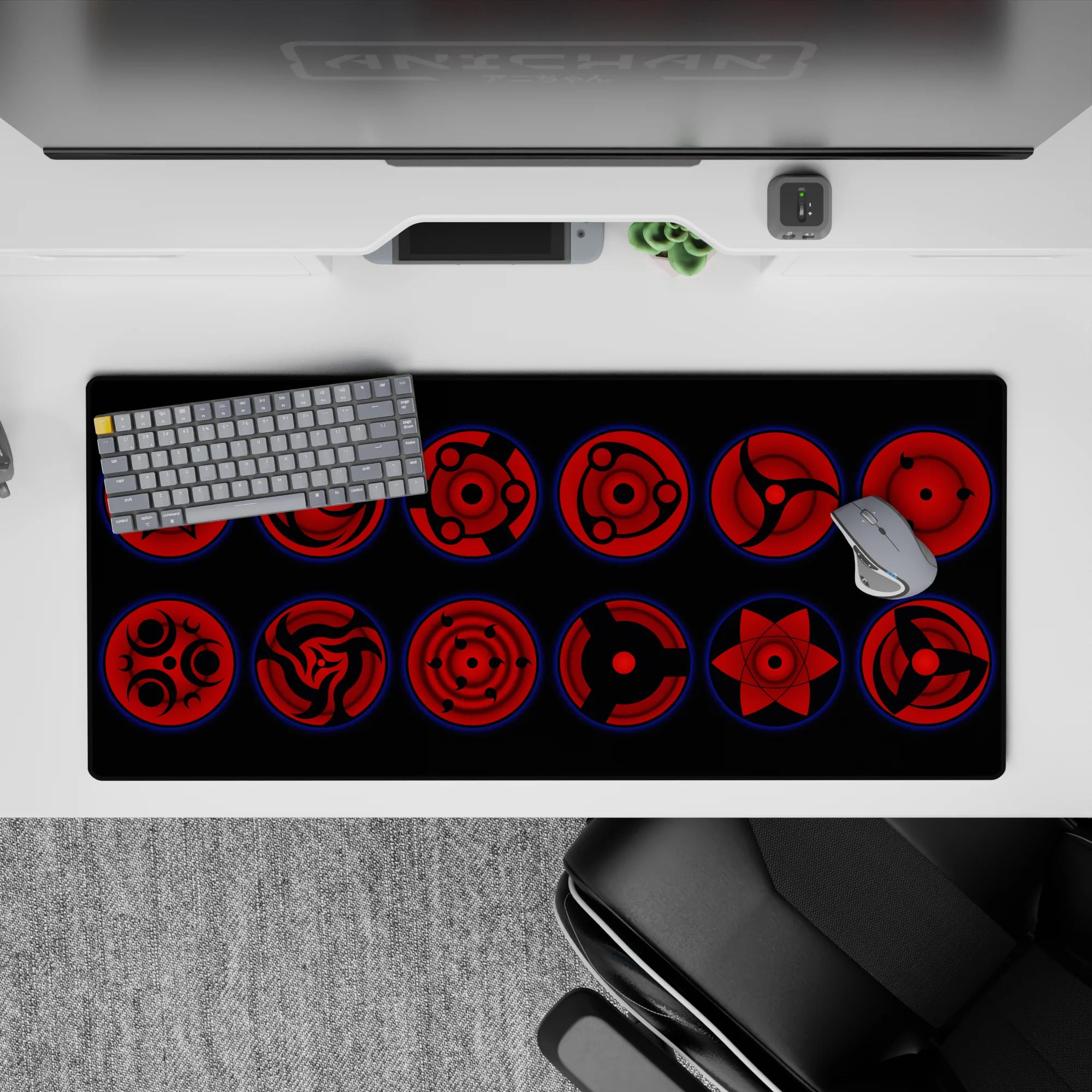 Dark crimson Sharingan eyes with sharp black tomoe and glowing blue rims, 36x16 inches anime desk pad.